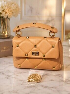 Quilted Top-Handle Stud Accent Shoulder Bag - Caramel Blush Nude